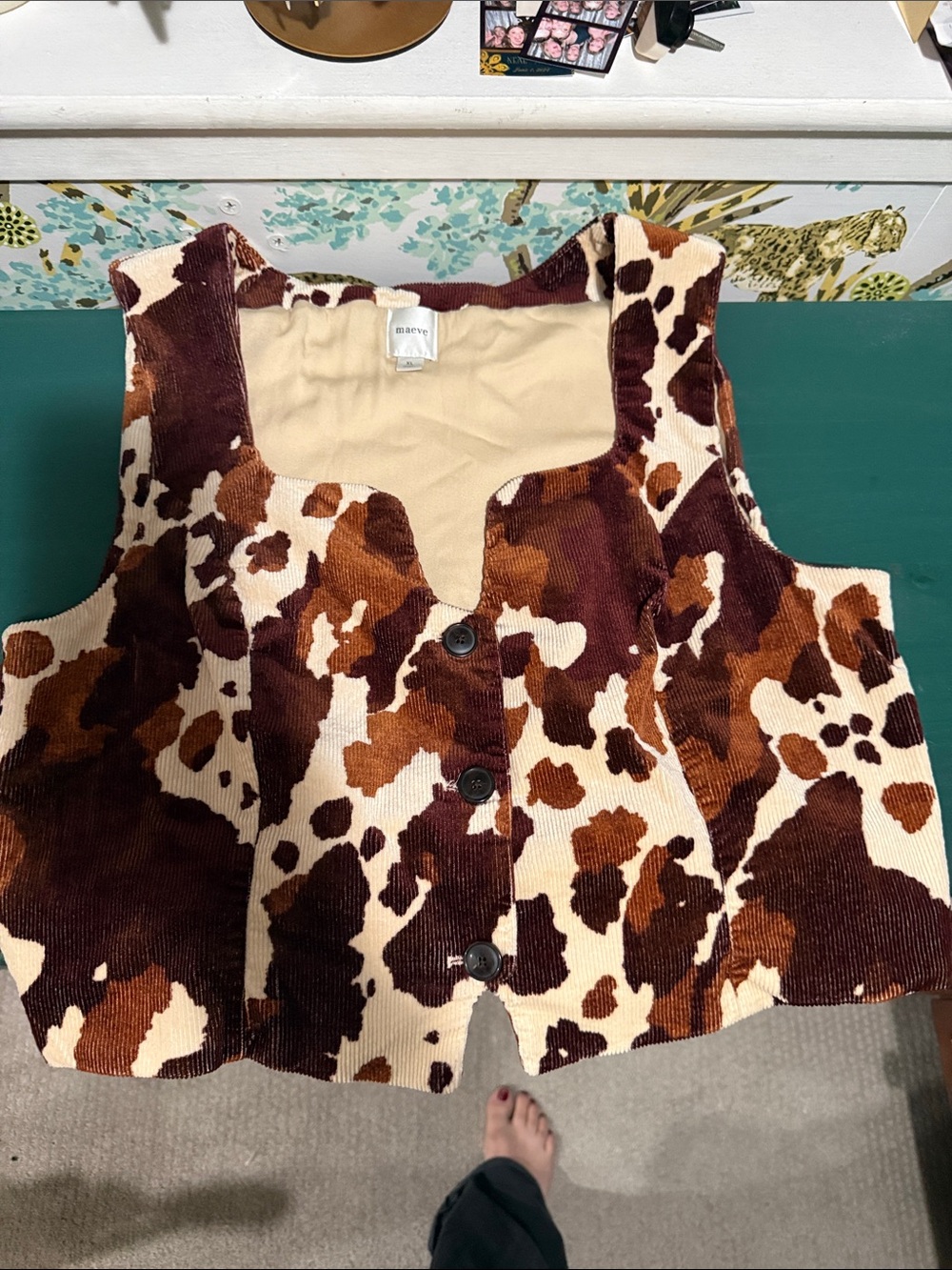 Maeve Cow Print Corduroy Button-Front Vest - Brown & Cream